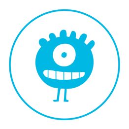 Ein blaues, einäugiges Cartoon-Monster mit Zähnen in einem Kreis.