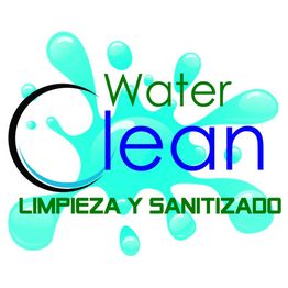 Logotipo con texto: "Water Clean, Limpieza y Sanitizado", sobre una salpicadura azul.