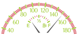 Tachometer und Benzinanzeige mit farbigen Markierungen, von 40 bis 180 km/h.