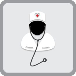 Ícono de médico con estetoscopio y gorro con cruz roja sobre fondo gris.