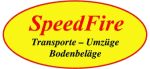 Gelbes Logo mit rotem Text "SpeedFire" und schwarzem Text "Transporte – Umzüge Bodenbeläge".