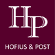 Logo mit den Initialen "HP" und dem Text "Hofius & Post" auf weinrotem Hintergrund.