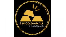 Gelber Kreis mit drei Goldbarren und Text: "24H-GOLDANKAUF - Ihr Edelmetallspezialist".