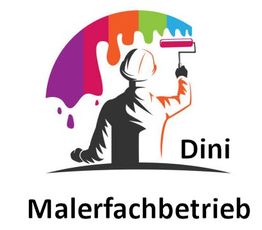 Ein Maler mit Helm streicht in Regenbogenfarben, daneben der Text: "Dini Malerfachbetrieb".