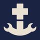 Symbol eines Kreuzes und unteren Teil eines Ankers in Beige auf dunkelblauem Hintergrund.