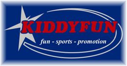 Blaues Logo „KIDDYFUN“ in Rot mit Stern, Text: „fun - sports - promotion“.