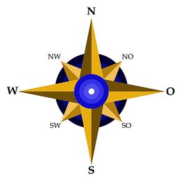 Kompassrose mit blauen und goldenen Pfeilen in alle Himmelsrichtungen.