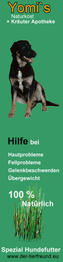Werbung für Yomi's Naturkost für Hunde mit Hundebild und Text über natürliche Gesundheitsvorteile.