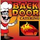 Cartoon chef with "Back Door Catering" text and a flaming pig logo on an orange background.