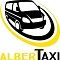 Logotipo con una camioneta negra y un anillo amarillo. Texto parcial: "ALBER TAXI".
