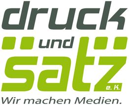 Logo: "druck und satz e. K." in Grau und Grün mit Slogan "Wir machen Medien."