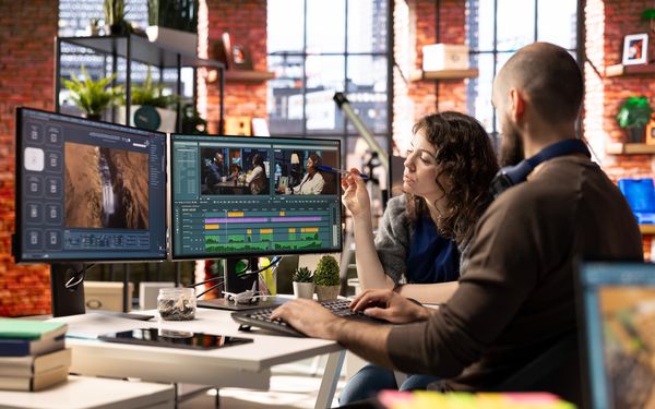 Zwei Videografen sitzen vor zwei Bildschirmen und generieren ein Unternehmensvideo mithilfe eines KI Tools.