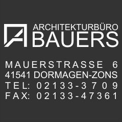 Architekturbüro Bauers Logo mit Adresse in Dormagen-Zons und Kontaktinformationen.