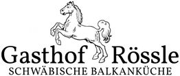 Ein springendes Pferd über dem Text "Gasthof Rössle Schwäbische Balkanküche".