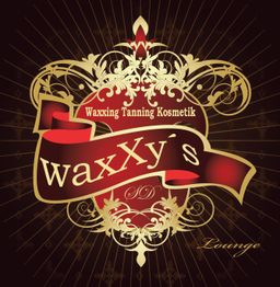 Elegantes Wappen-Design mit "waxXy's" Banner, darauf steht "Waxxing Tanning Kosmetik".
