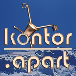 Logo mit der Aufschrift "kontor apart" auf blauem Hintergrund mit stilisierten Schraubenteilen.