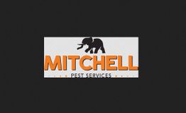 Logo with an elephant silhouette above "Mitchell Pest Services" in orange text.