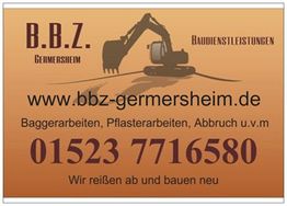 B.B.Z. Germersheim Werbung für Baggerarbeiten, Pflasterarbeiten, Abbruch; Webseite und Telefonnummer.