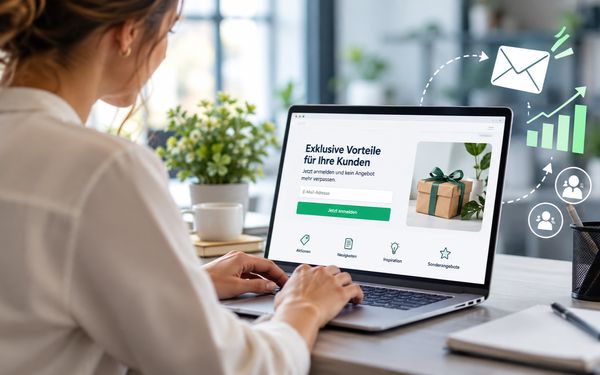 Frau erstellt am Laptop eine Landingpage mit Anmeldeformular für E-Mail-Marketing und automatisierte Kundenansprache.