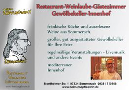 Werbeplakat für Restaurant beim Zöpfleswirt mit beschwingtem Zeichnungslogo und Kontaktdaten.