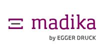 Logo mit lila Schrift: "madika by EGGER DRUCK" und zwei parallelen Strichen links des Textes.
