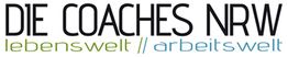 Text: "DIE COACHES NRW lebenswelt // arbeitswelt" in Schwarz, Grün und Blau.