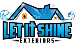 Logo of "Let It Shine Exteriors" with a blue house top, bubbles, and the text in bold letters.