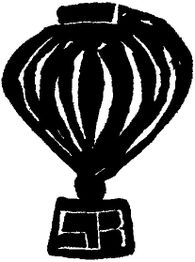 Schwarz-weiße Zeichnung eines Heißluftballons mit geometrischen Linien und einfachem Stil.