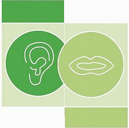 Ohr und Lippen in grünen Kreisen auf hellem Hintergrund, Grafikstil.