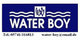 Blaues Firmenlogo "Water Boy" mit Wellenmotiv, Telefonnummer und E-Mail-Adresse.