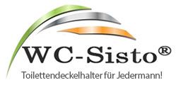 Logo von WC-Sisto mit dem Slogan "Toilettendeckelhalter für Jedermann!" in grün und orange.