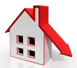 Red house-shaped graphic with a downward arrow on a white background.