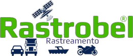 Logo da Rastrobel com veículos, barco e satélite, destacando serviços de rastreamento.