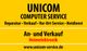 Gelbes Schild mit Text zu UNICOM Computer Service: Reparatur, Verkauf, Heim­elektronik.
