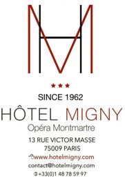 Hôtel Migny, Opéra Montmartre, Paris, depuis 1962, avec coordonnées et site web mentionnés.
