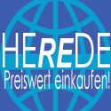 Logo mit Schriftzug "HEREDE" und Slogan "Preiswert einkaufen!" vor blauem Globus-Hintergrund.