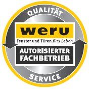 Weru-Logo, rund, mit den Worten "Qualität", "Service" und "Autorisierter Fachbetrieb".
