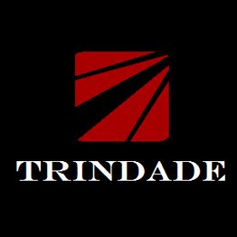 Logotipo com fundo preto, quadrado vermelho e linhas pretas inclinadas. Texto: "Trindade".