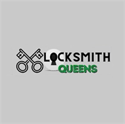 Logo with crossed keys and text: "Locksmith Queens" on a gray background.
