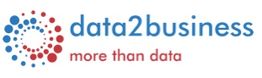 Logo von data2business, blauer und roter Text mit Punktmuster. Slogan: "more than data".