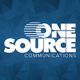Logo with the text "One Source Communications" on a blue geometric background.