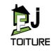 Logo d'entreprise, lettres "FJ" et "TOITURE", maison stylisée en noir et vert.