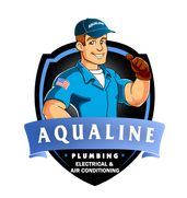 Cartoon plumber in blue uniform with Aqualine logo, plumbing, electrical, HVAC services.