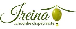 Logo met tekst "Ireina schoonheidsspecialiste" en een olijf waar een druppel uit hangt.