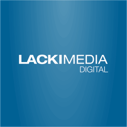 Blaues Logo mit weißem Text "Lacki Media Digital" in der Mitte.