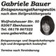 Visitenkarte von Gabriele Bauer, Entspannungstherapeutin, mit Kontaktinfos und Foto.