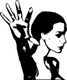 Schwarz-weiß grafische Zeichnung einer Frau, die die Hand nach vorne streckt.
