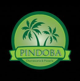 Logo verde com duas palmeiras e texto "Pindoba Churrascaria & Pizzaria" sobre fundo preto.