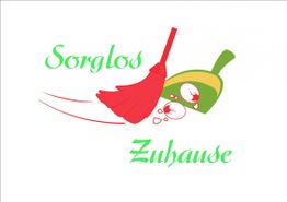 Logo mit rotem Besen und Staubwedel. Text: "Sorglos Zuhause" in Grün.