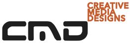 Logo mit schwarzem "CMD" und orangenem Text "Creative Media Designs" rechts oben. Braun-weißer Hintergrund.